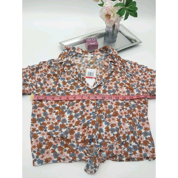 Self Esteem Top Shirt knotted Women Junior Button Front Short Sleeve Fall Sz XS - Picture 2 of 10